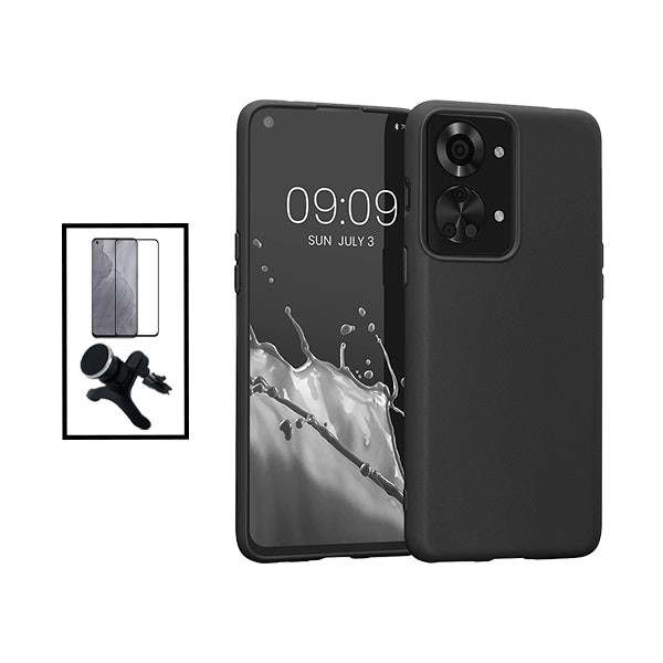 Tempered Glass Full Cover 5D Screen Protector and Liquid Silicone Case with Magnetic Car Mount for OnePlus Nord 2T - Black