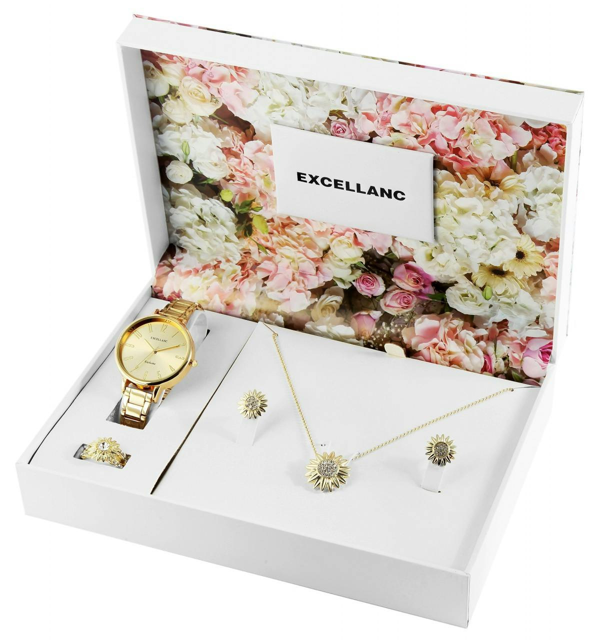Conjunto reloj y joyería femenino con flores