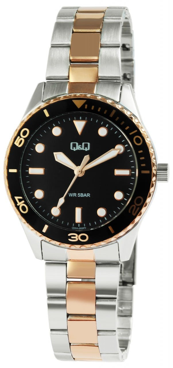 Reloj de pulsera analógico de mujer en acero inoxidable con bisel negro y oro rosa