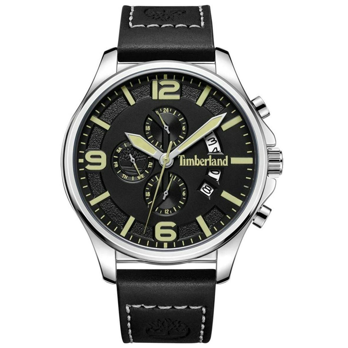 Reloj analógico con caja de 46 mm y correa de cuero negra