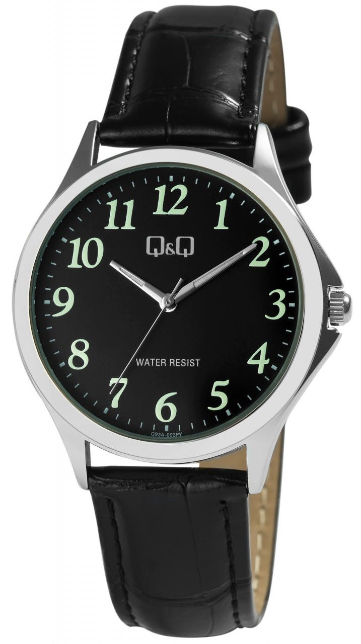 Reloj de pulsera analógico para hombre Q93A-003PY con caja metálica y correa de imitación piel