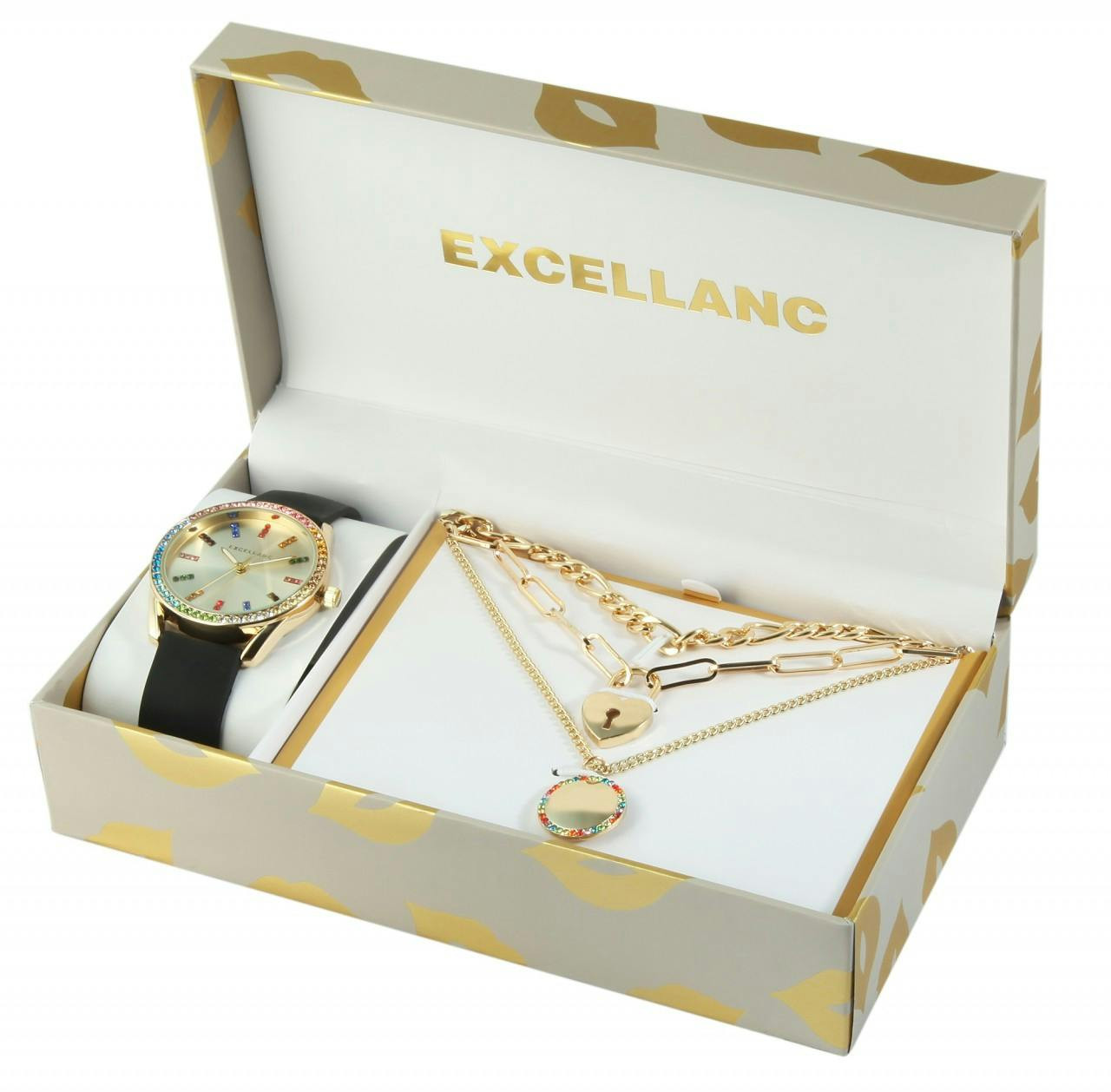Women's analog watch and 3 necklaces set with silicone strap