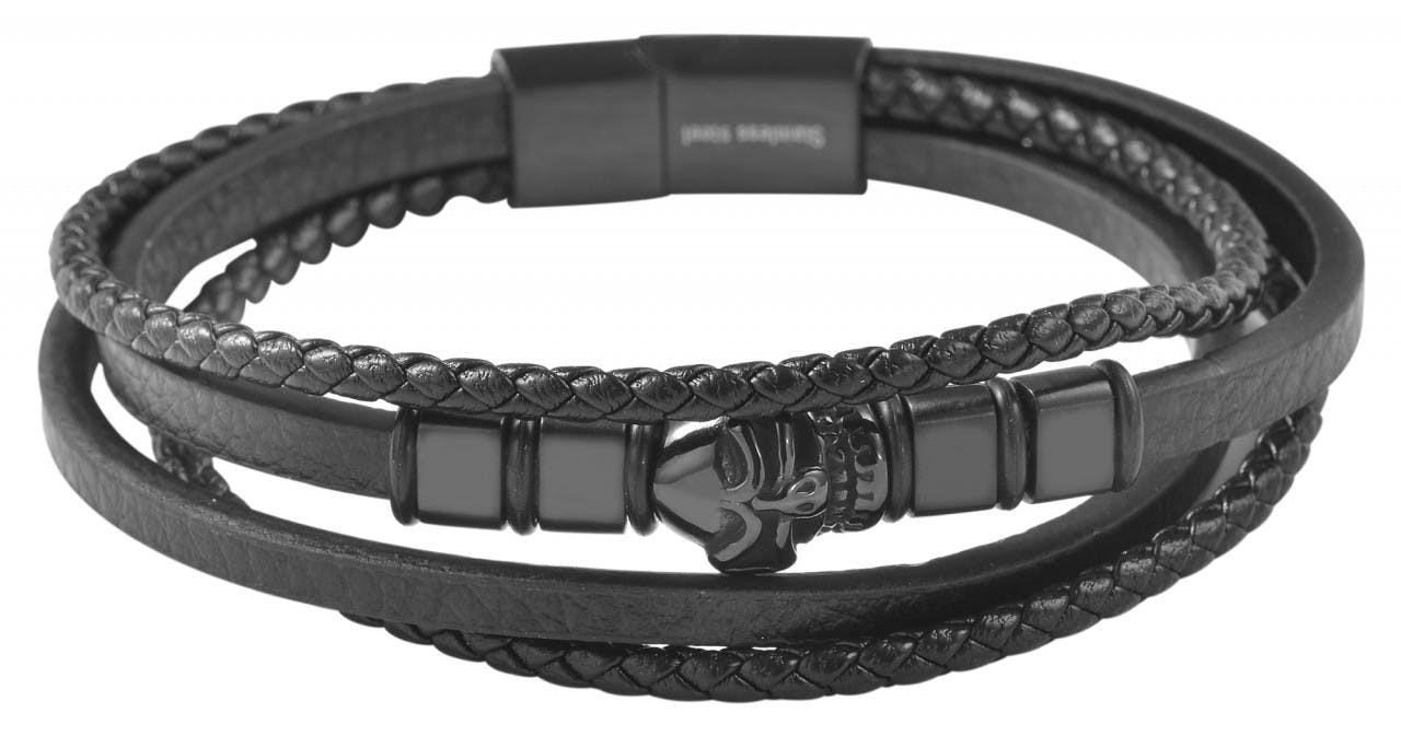 Pulsera de cuero sintético con elementos de acero inoxidable y cierre magnético