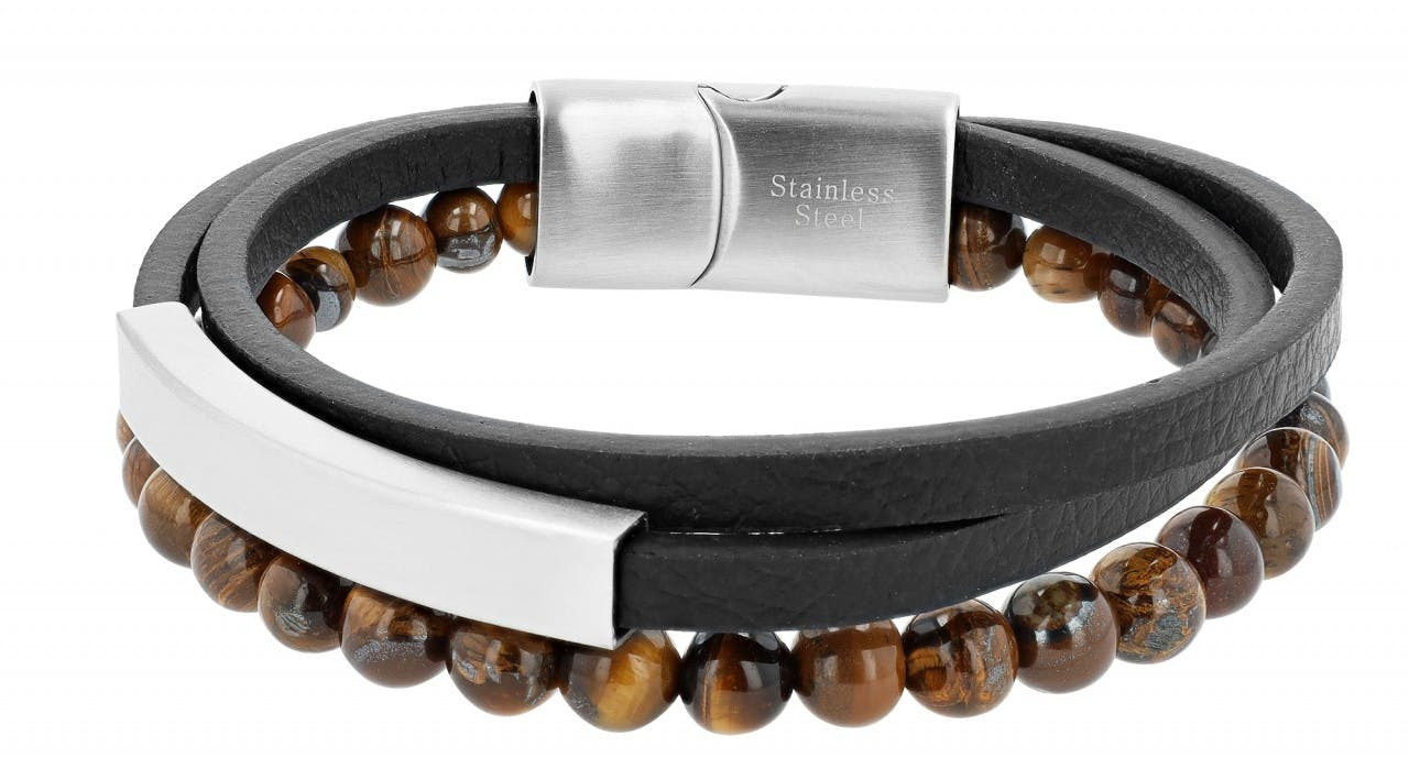 Pulsera de cuero genuino con cuentas ojo de tigre y placa de acero inoxidable