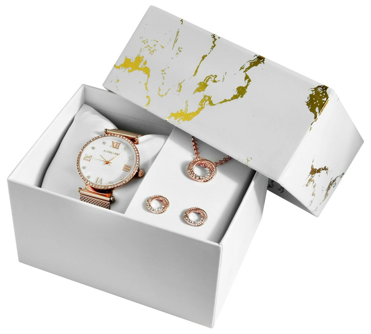 Conjunto reloj con collar y pendientes, caja metal 36 mm