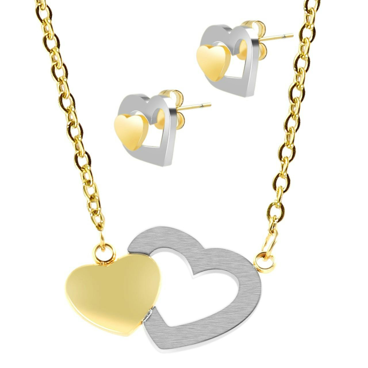 Conjunto collar y pendientes corazón en acero inoxidable