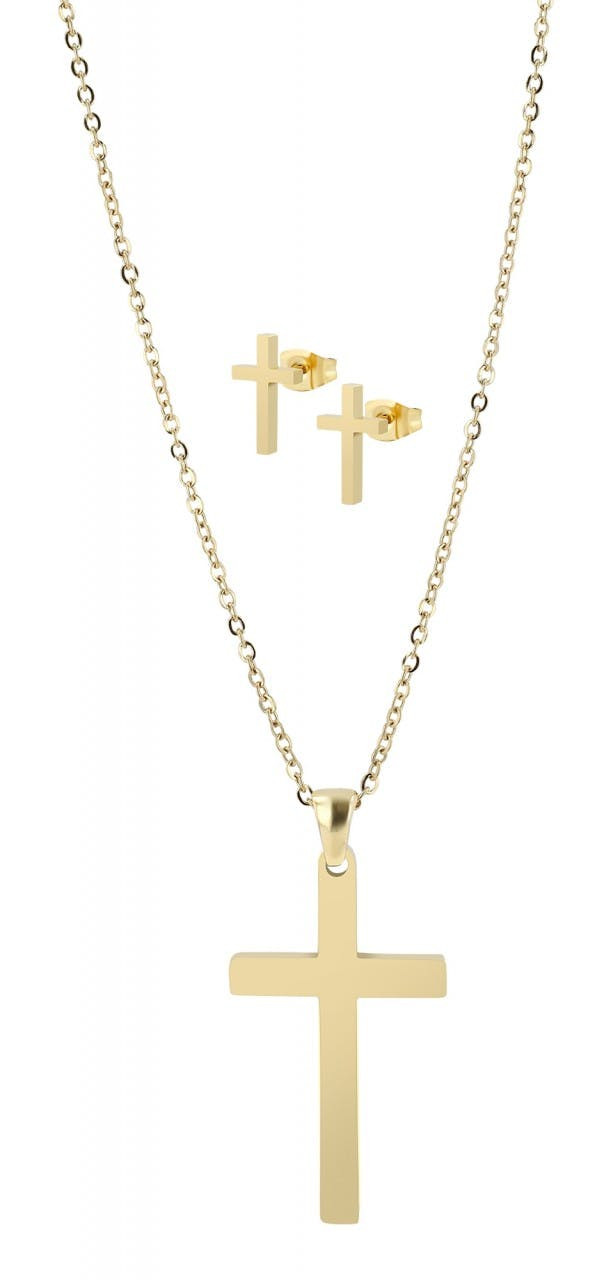 Conjunto de collar y pendientes de acero inoxidable con colgante cruz