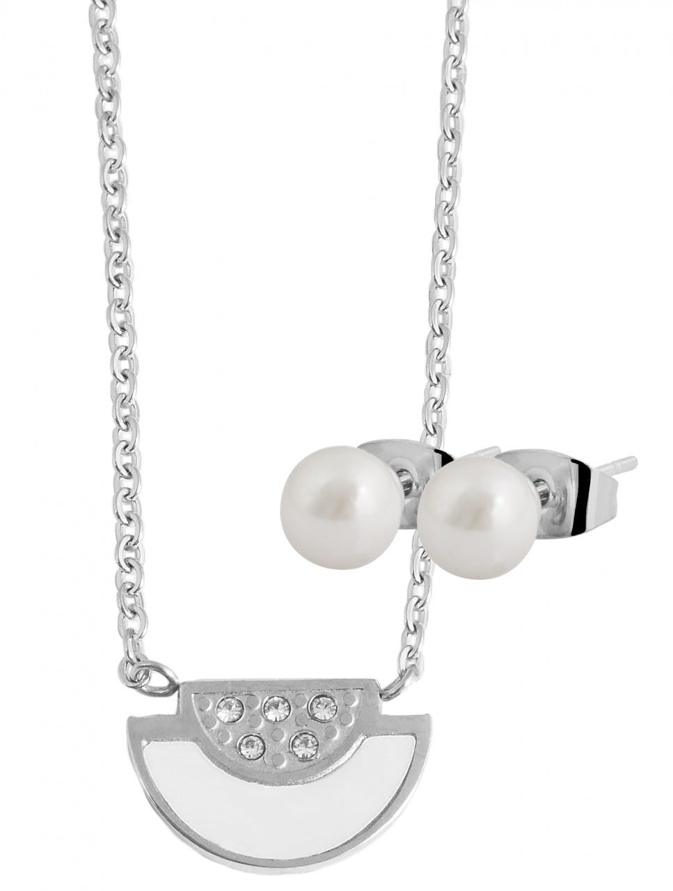 Anchor chain necklace with pendant and pearl earrings in stainless steel