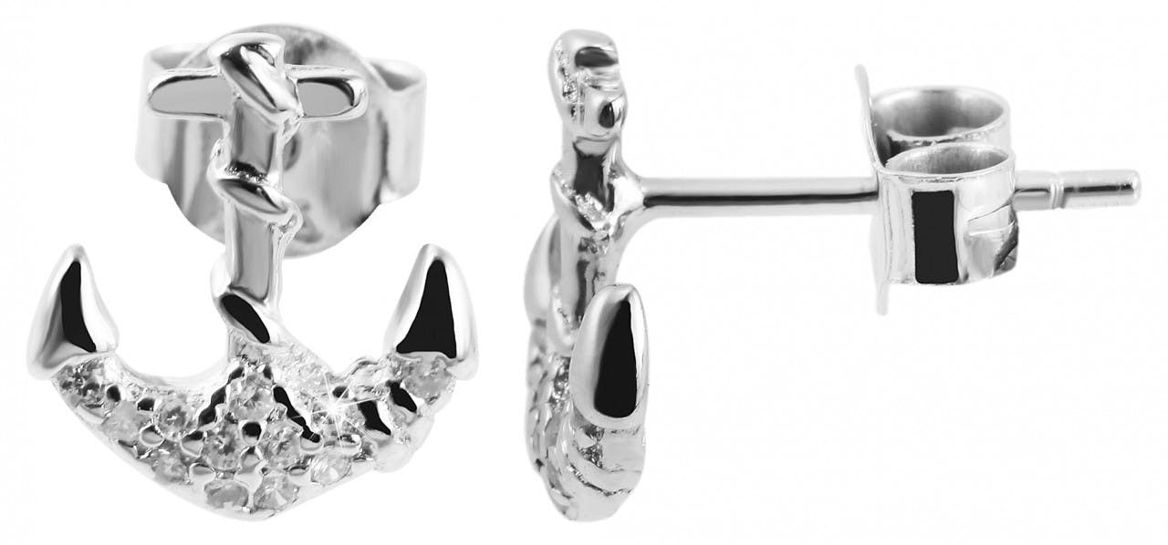 Anchor earrings in 925 silver with rhodium plating and cubic zirconia