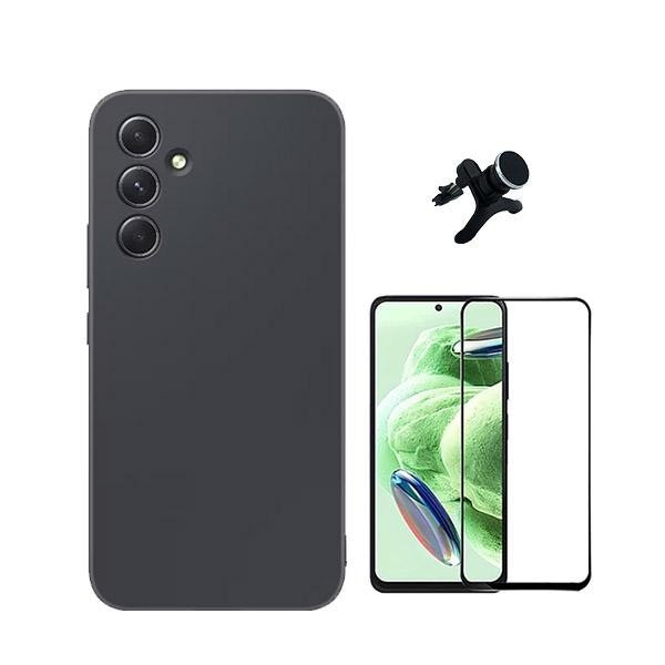 Protector de vidrio 5D, funda silicona líquida y soporte magnético para Galaxy A35 5G - Negro