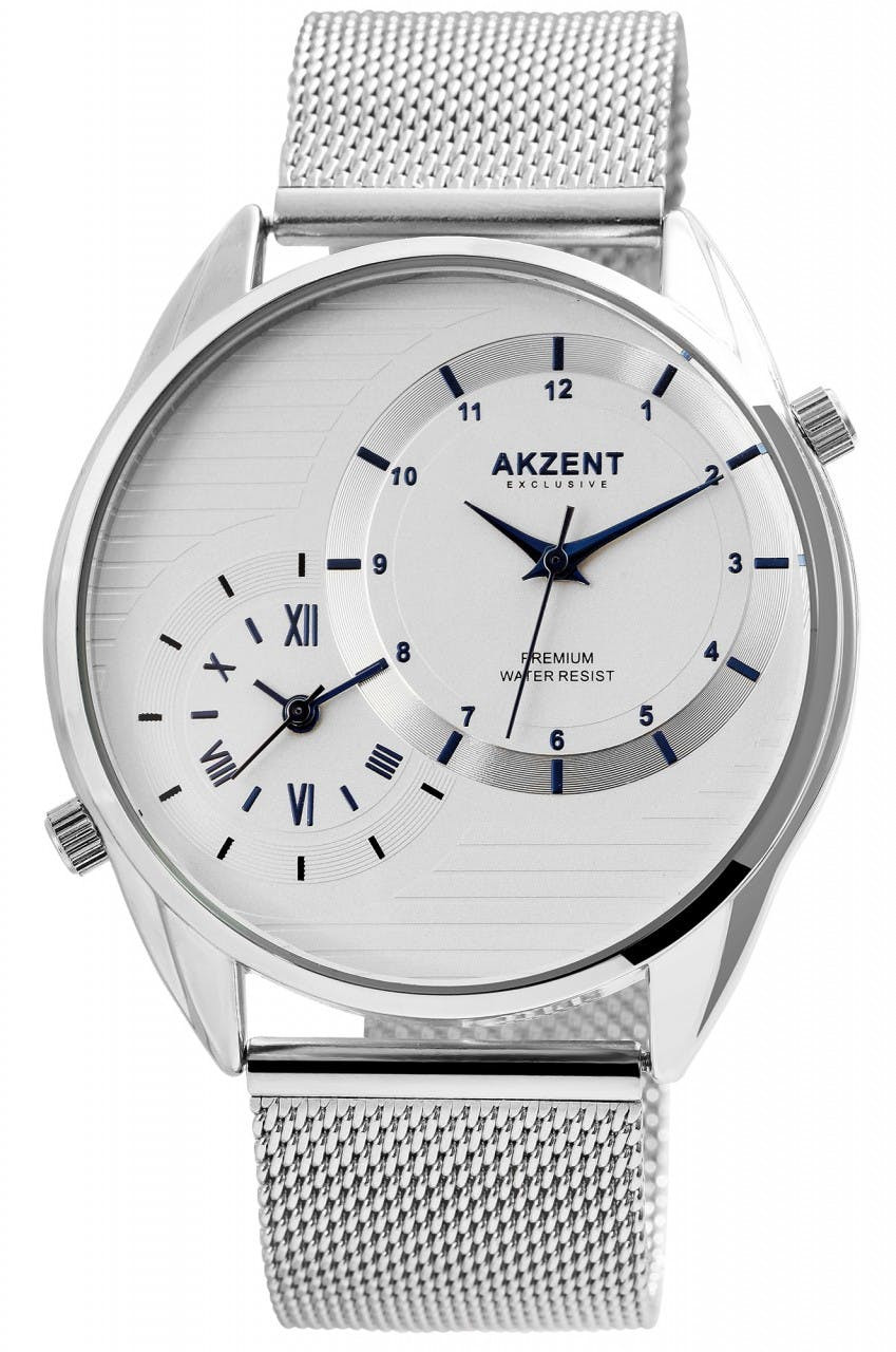 Reloj de pulsera analógico con brazalete de malla en acero inoxidable y esfera azul gris plata