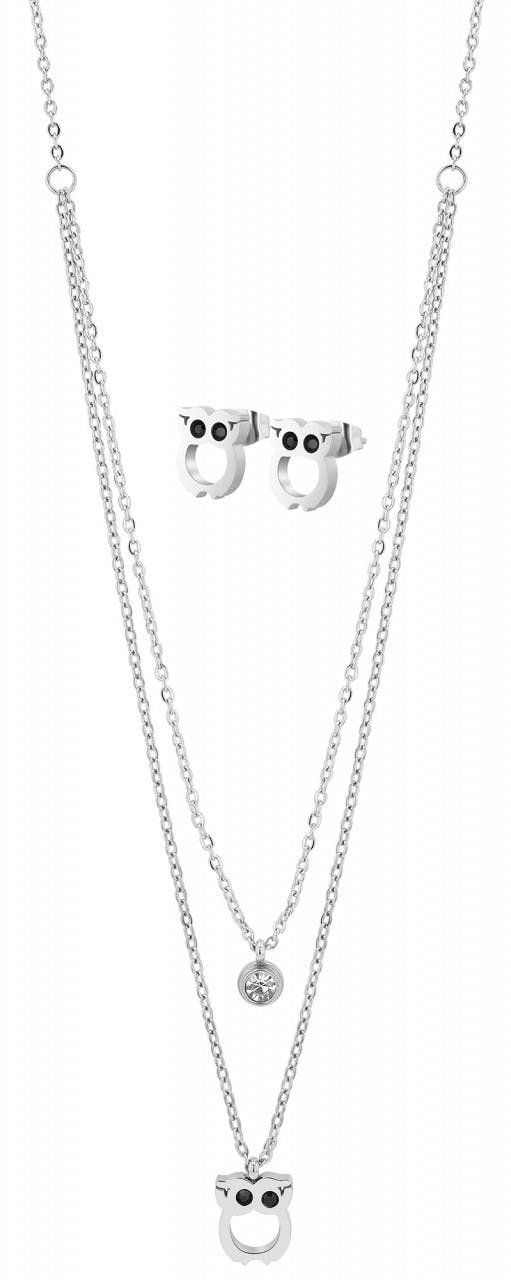 Necklace and owl earrings set in stainless steel