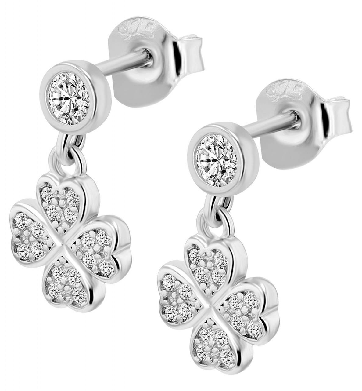 Clover leaf pendant earrings in 925 silver rhodium plated with cubic zirconia