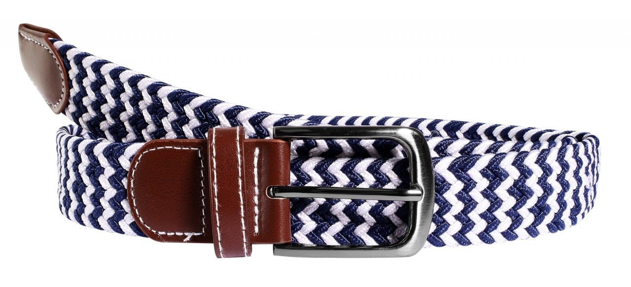 Woven blue and white fabric belt with faux leather details