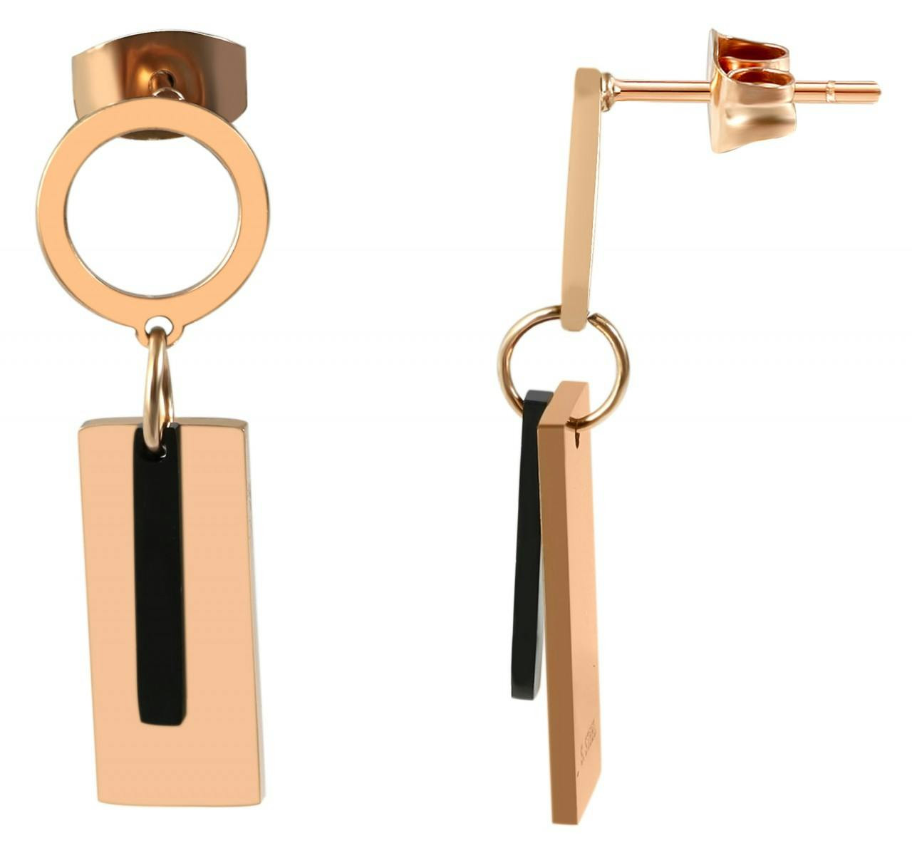 Pendientes de acero inoxidable rosa dorado con elementos redondos y alargados
