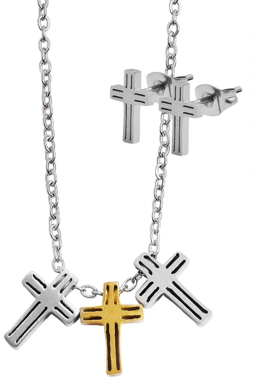 Conjunto de collar y pendientes con colgante de cruz en acero inoxidable