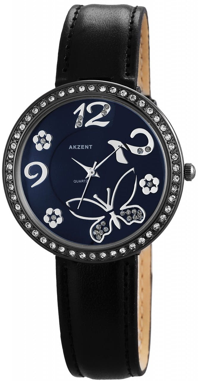 Ladies watch with metal case and synthetic leather strap