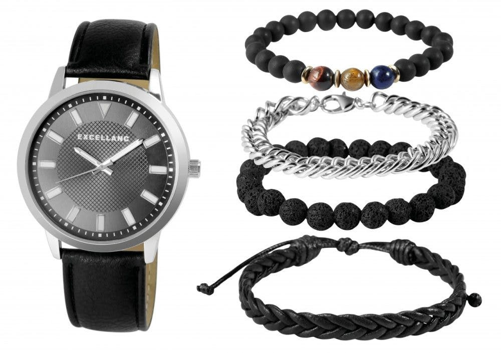 Set reloj hombre con cuatro pulseras imitación cuero, caja 45 mm