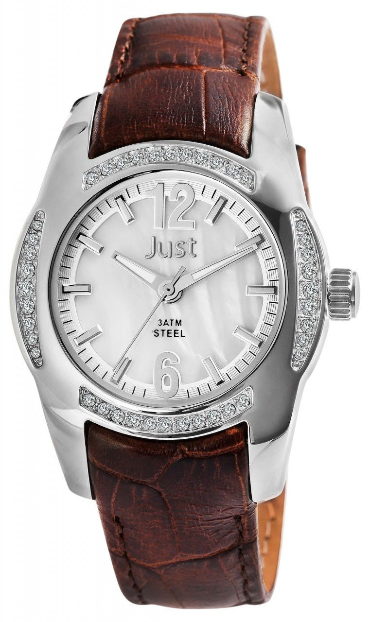 Ladies stainless steel wristwatch with genuine leather strap