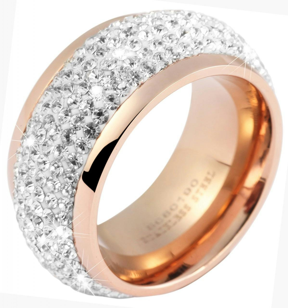 Women's stainless steel ring with rose gold plating and stones