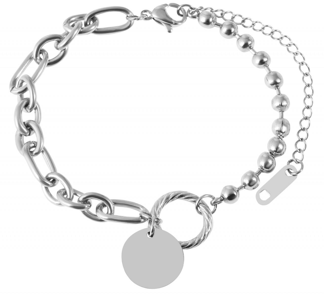 Pulsera de acero inoxidable con medallón grabado y cadena mixta 17+3 cm