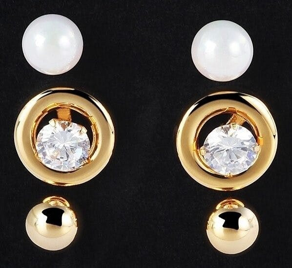 Conjunto 3 pares pendientes acero inoxidable con baño oro IP y piedras