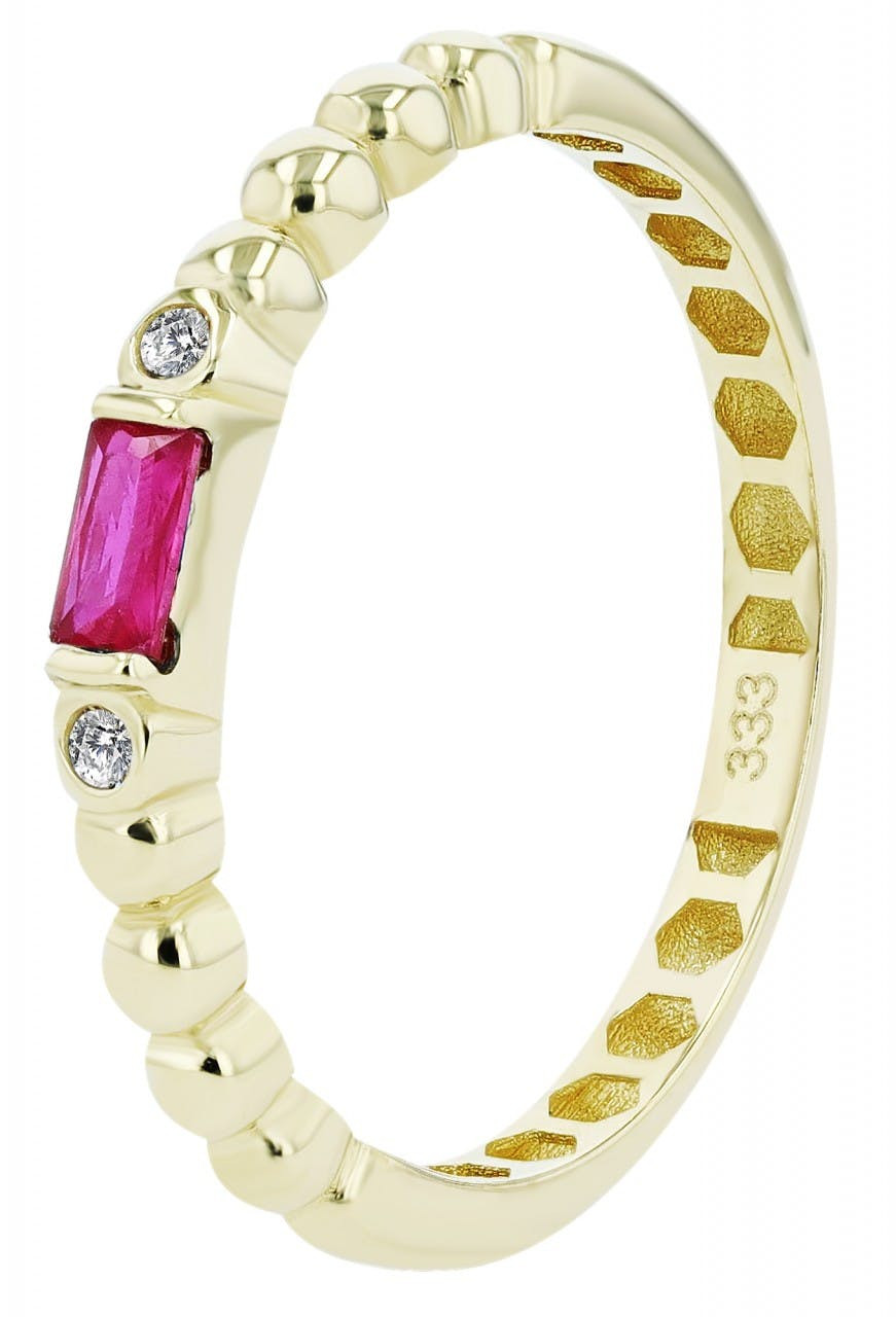 Anillo de oro 8k con circonita roja rectangular y circonitas blancas redondas