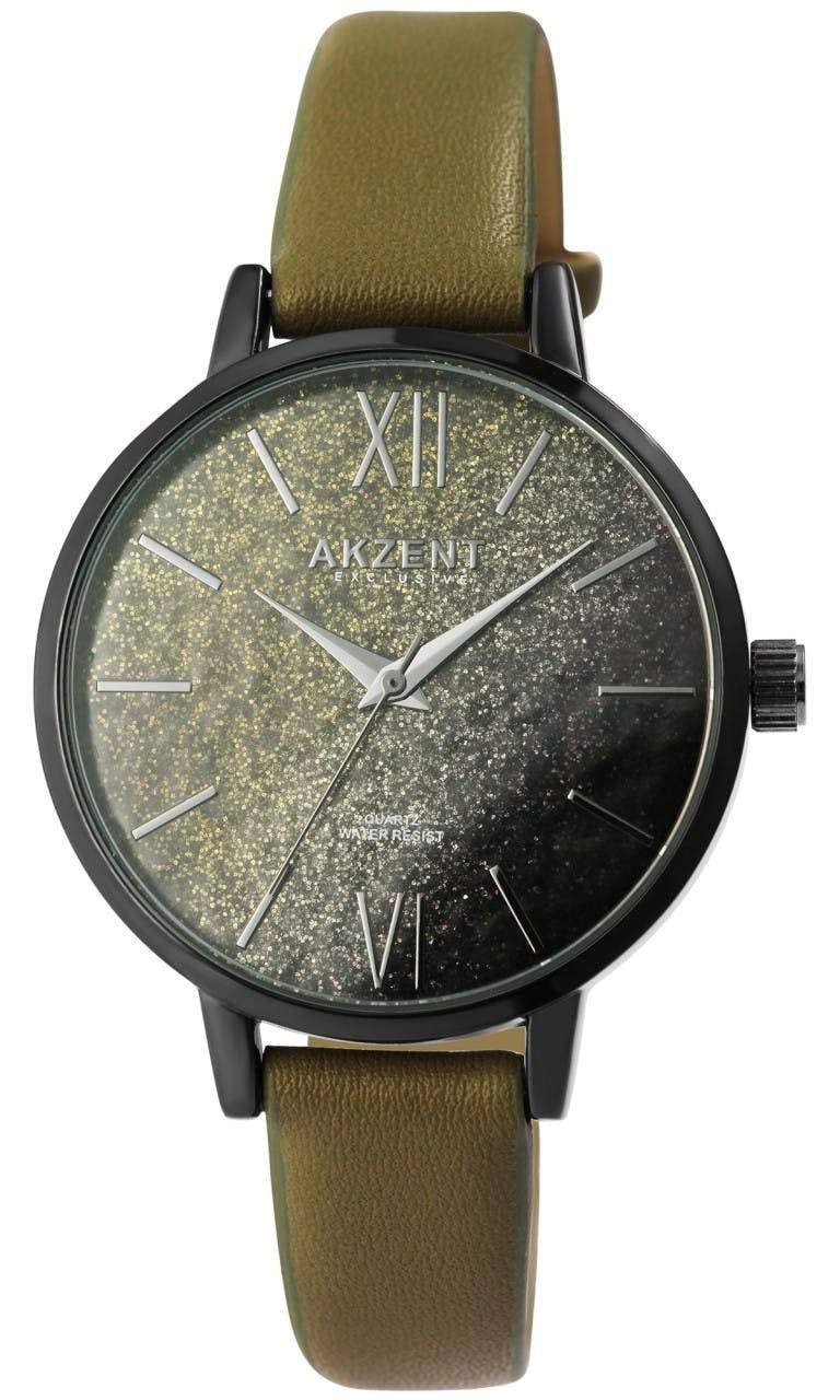 Analog 3-hand wristwatch with synthetic leather strap and sparkly dial