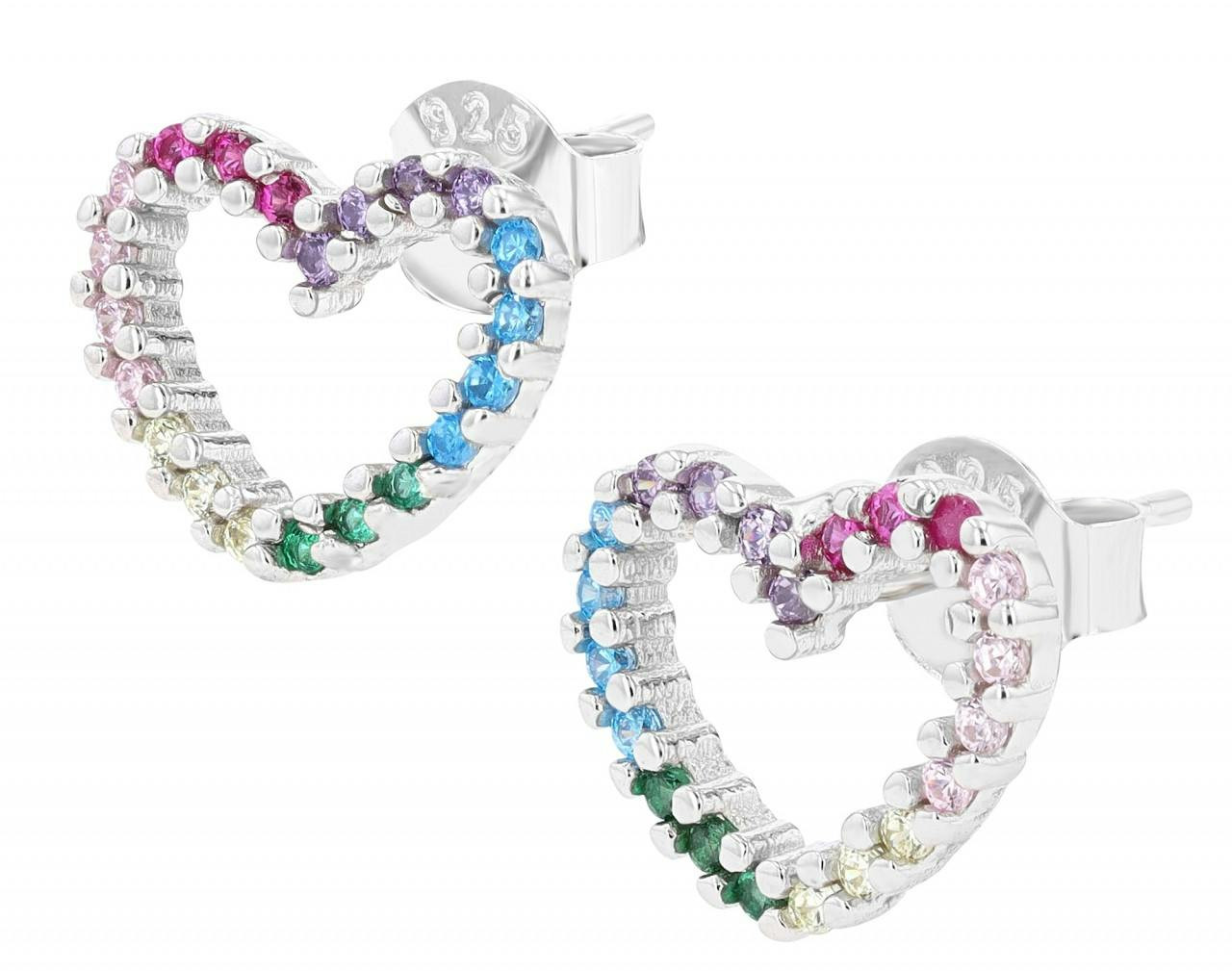 Heart-shaped 925 silver earrings with multicolour cubic zirconia and rhodium plating