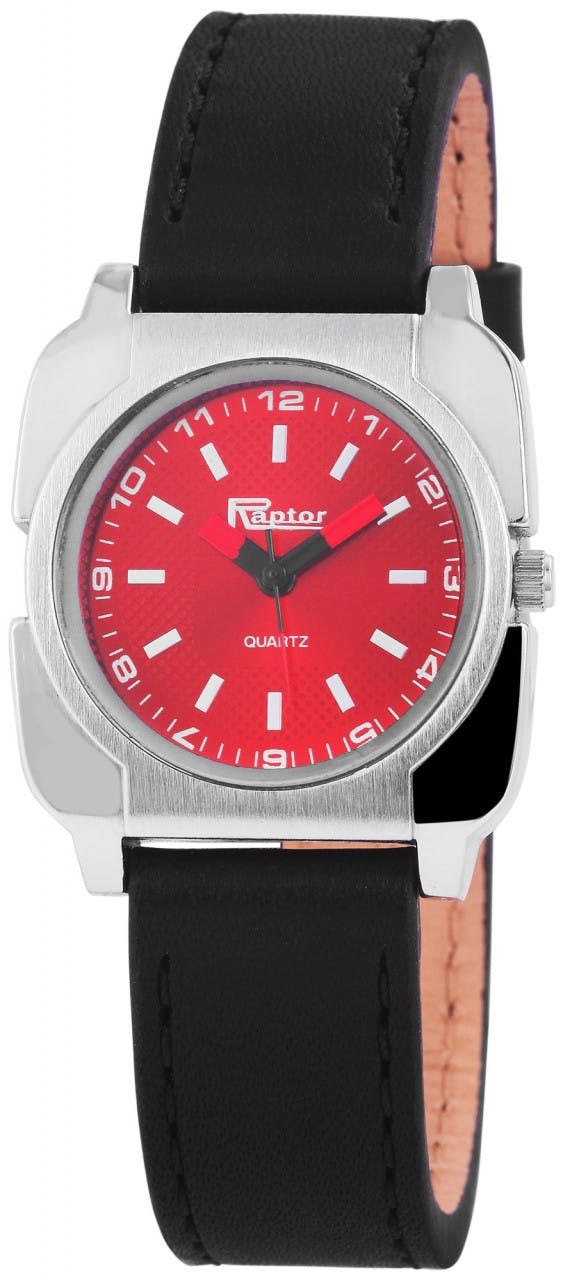 Analog women's watch with metal case and genuine leather strap