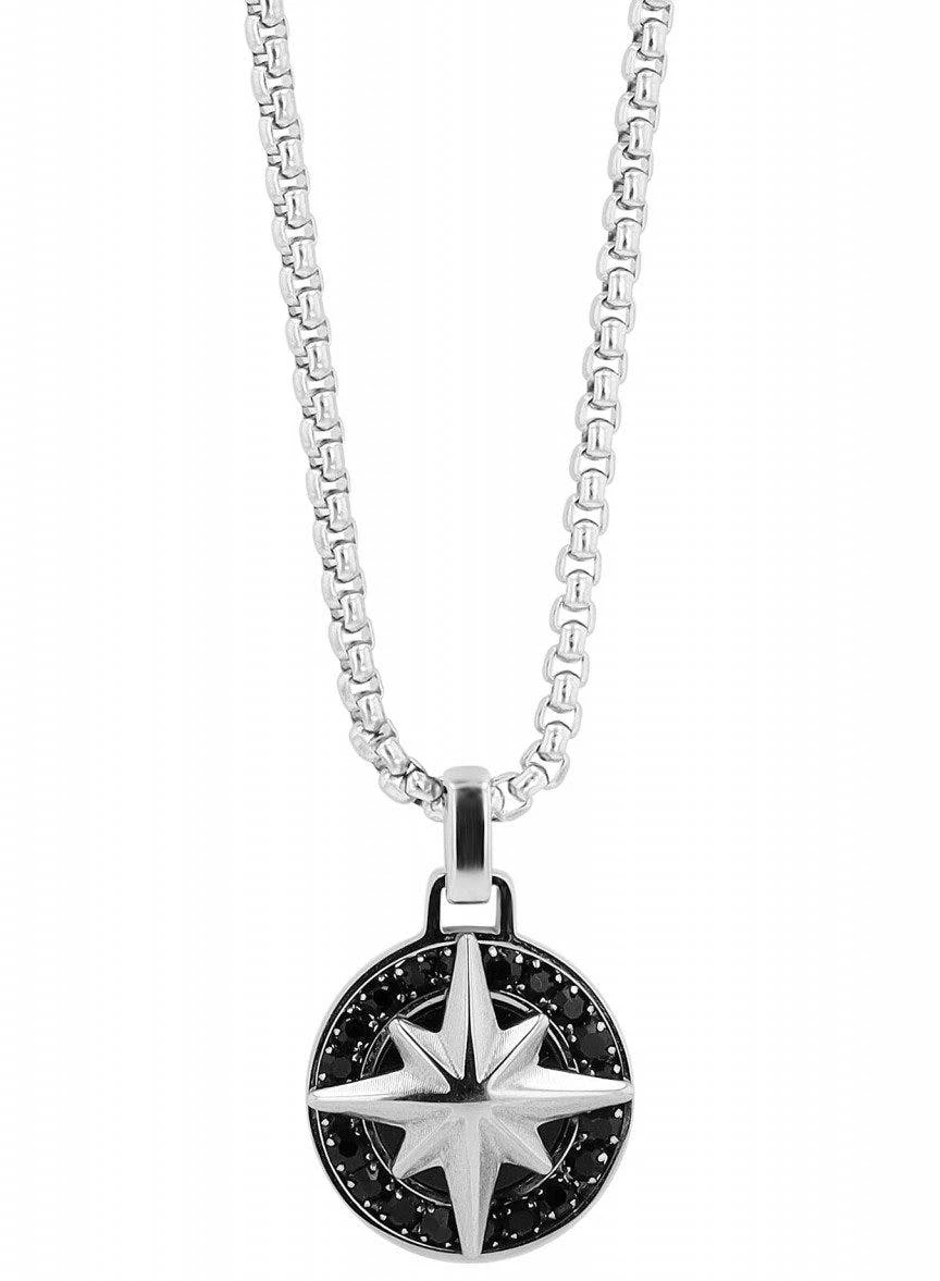 Compass pendant stainless steel necklace with black stones