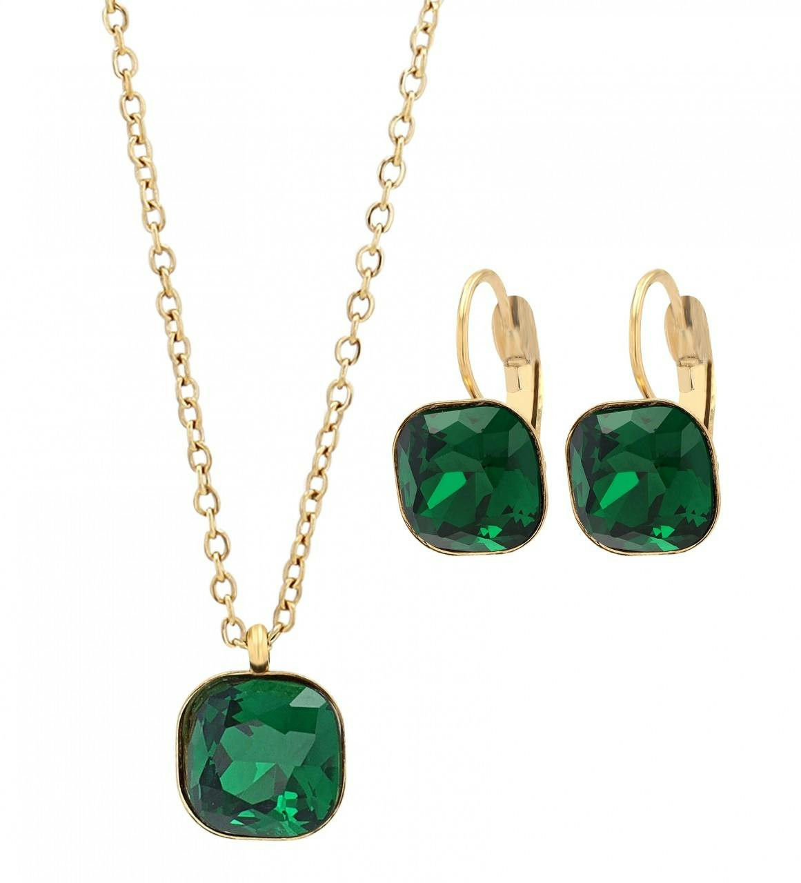 Conjunto collar y pendientes en acero inoxidable con colgante verde