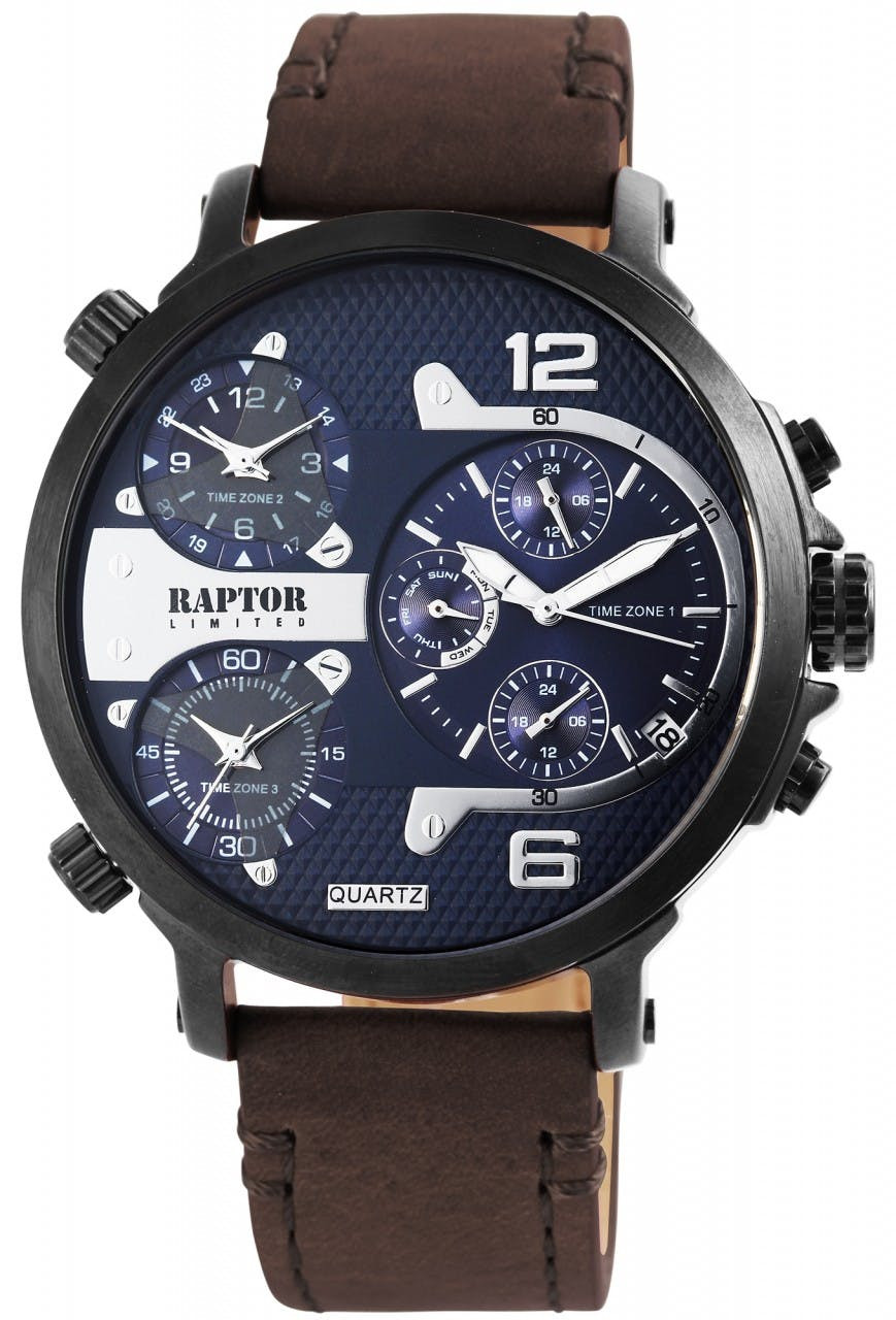 Men's multifunction watch with black metal case and genuine leather strap