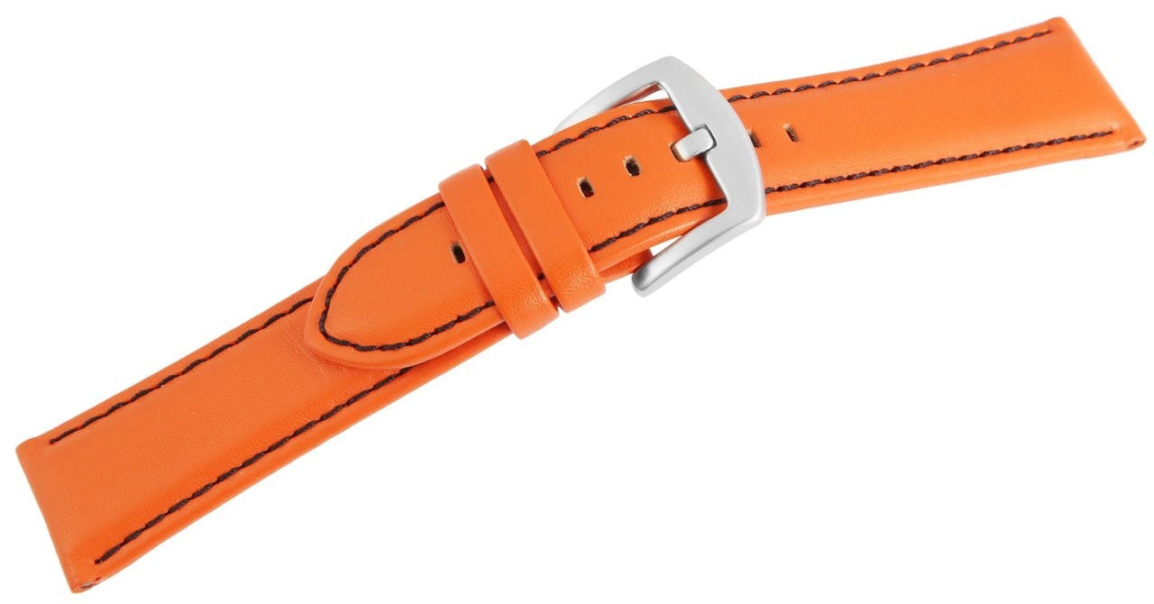 Genuine leather orange watch strap with black stitching and silver buckle