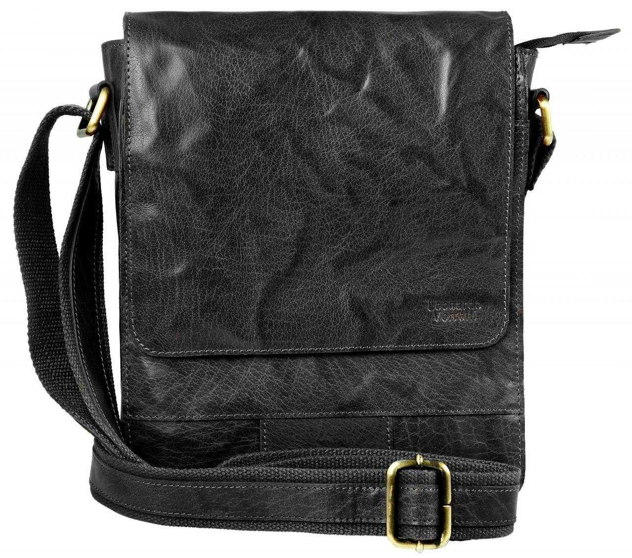 Bolso de hombro en cuero genuino lavado con solapa y cremallera