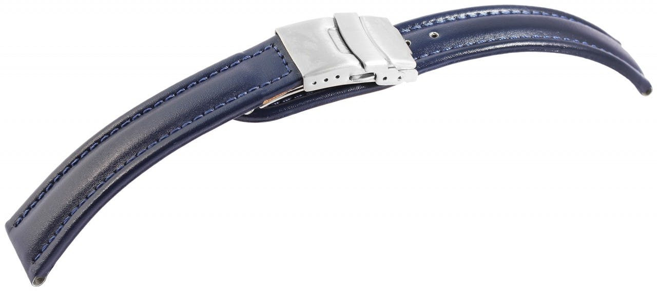 Genuine Leather Dark Blue Watch Strap with Stainless Steel Folding Clasp