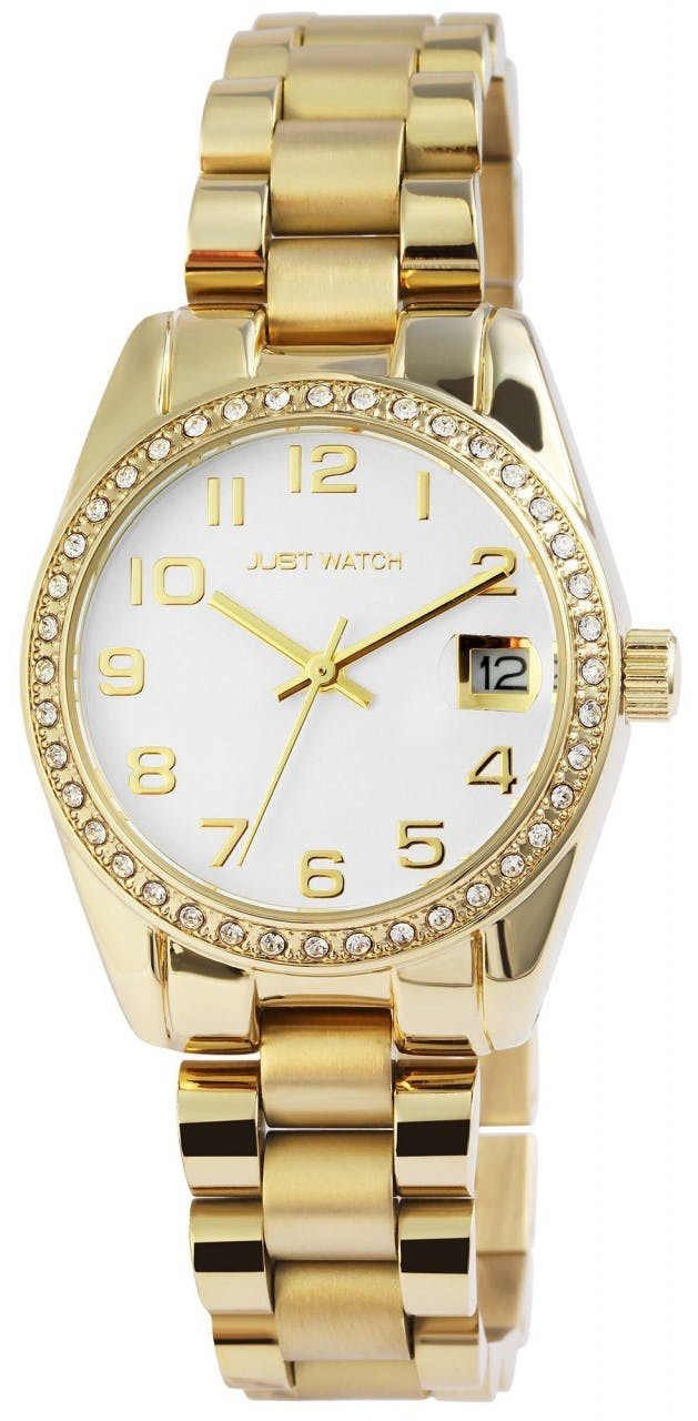 Reloj de pulsera mujer dorado con brazalete de acero inoxidable y bisel con piedras