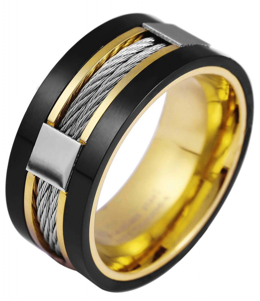 Men's stainless steel bicolor ring with central double-row wire and square elements