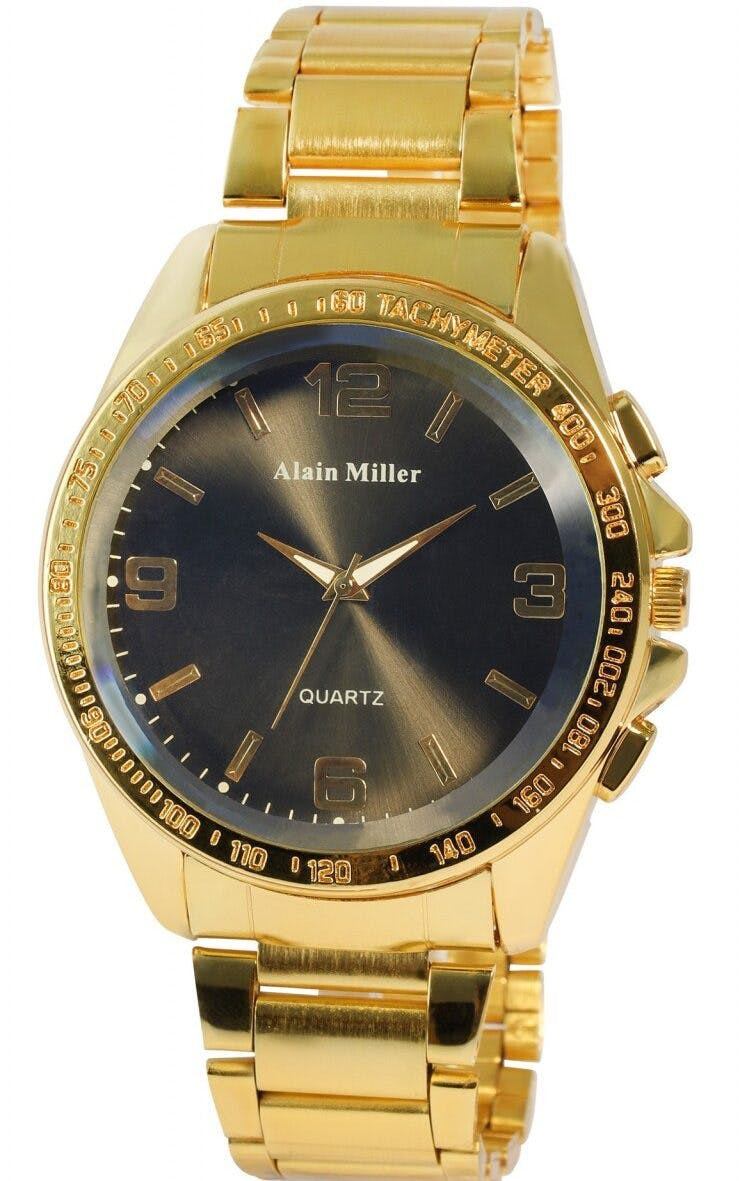 Reloj de hombre en acero inoxidable dorado con esfera negra
