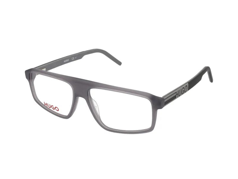 Montura óptica rectangular gris en acetato con bisagra de muelle