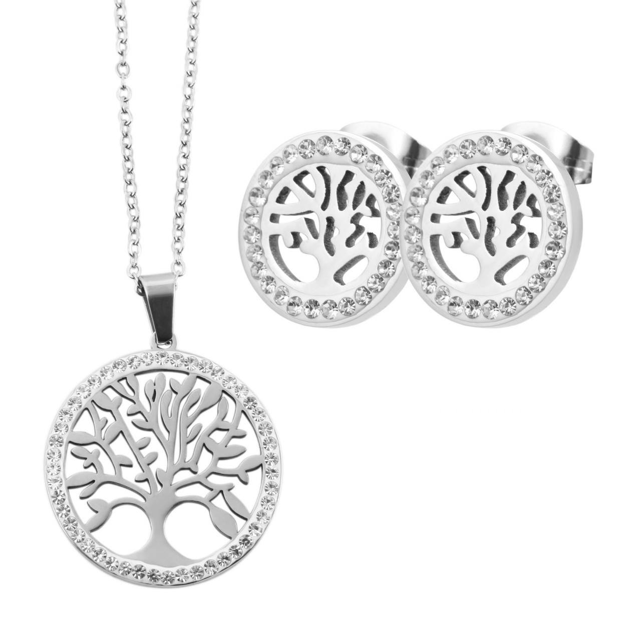 Stainless steel necklace and earrings set silver tone Tree of Life pendant