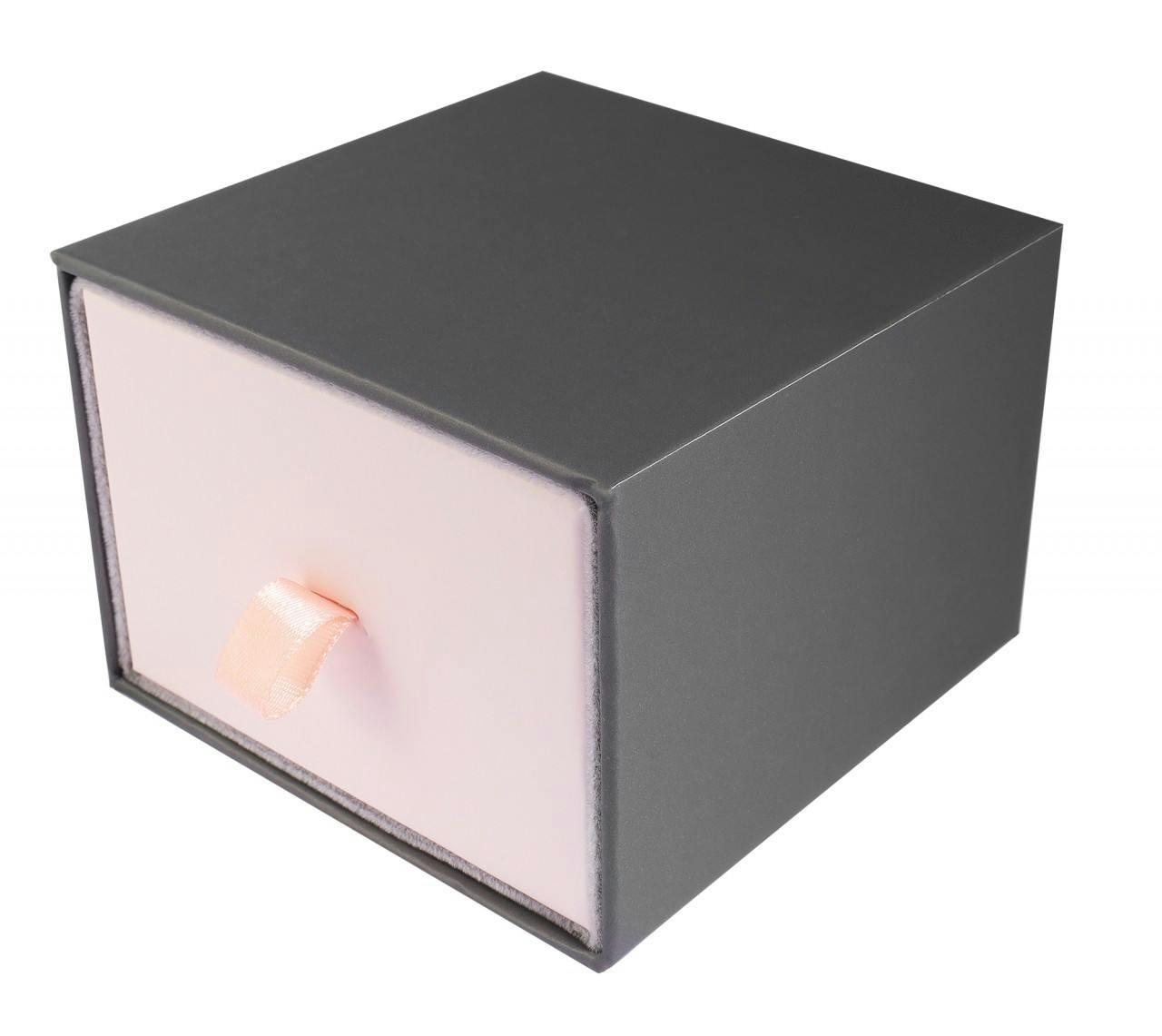 Cardboard jewelry box with removable drawer, grey and pink