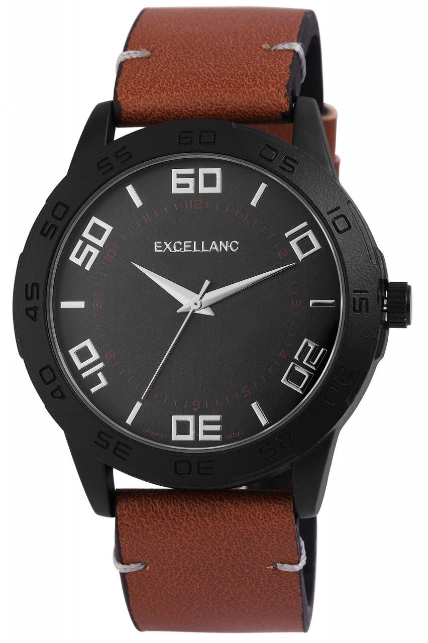 Men's quartz watch with black case and synthetic leather strap