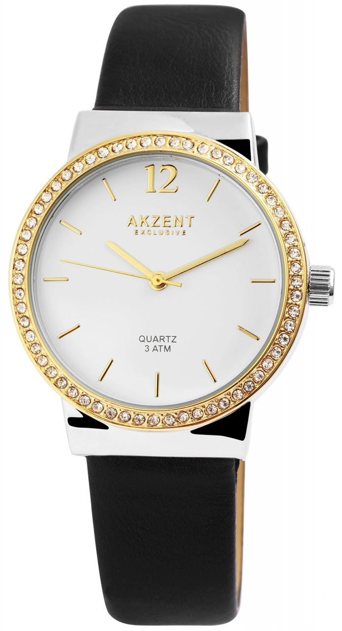 Exclusive women's watch with synthetic leather strap and stone-set bezel