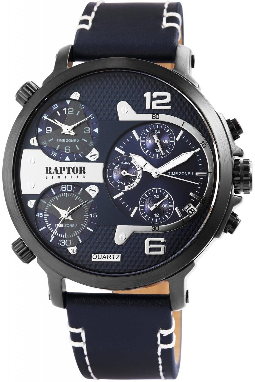 Reloj multifunción hombre con correa de cuero genuino y caja negra