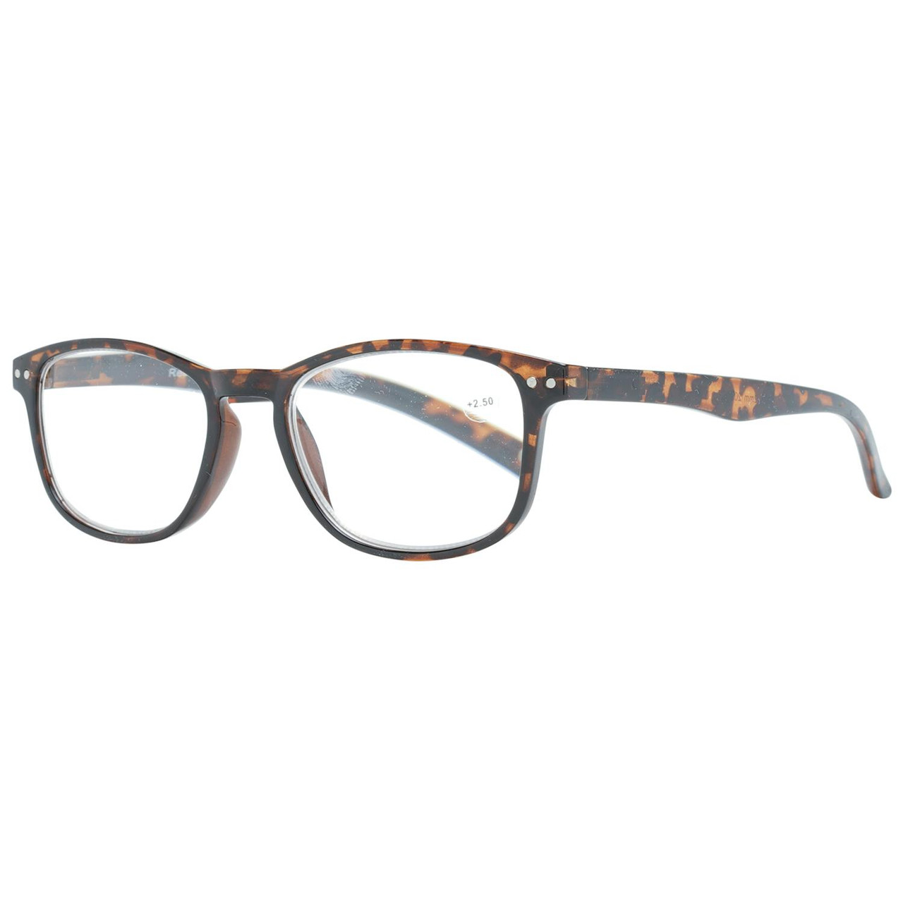 Reading by Red rectangular brown full-rim prescription reading glasses +2.50 dpt