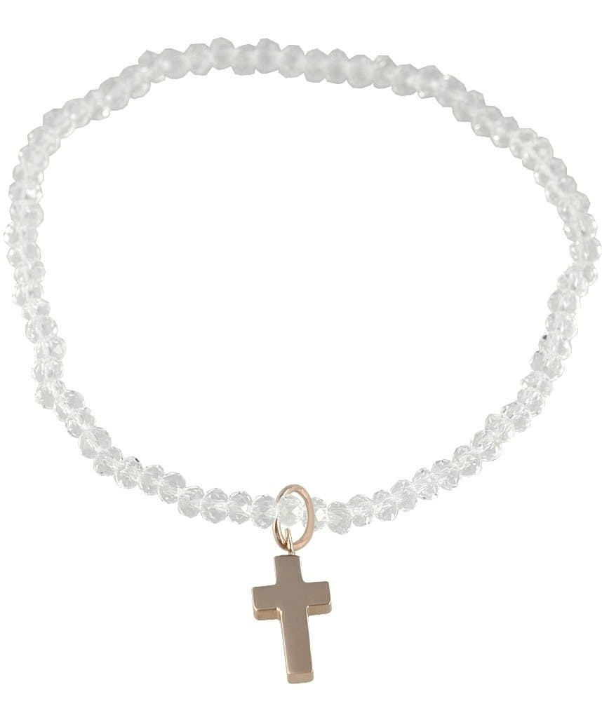 Pulsera de cuentas blancas con colgante de cruz dorada