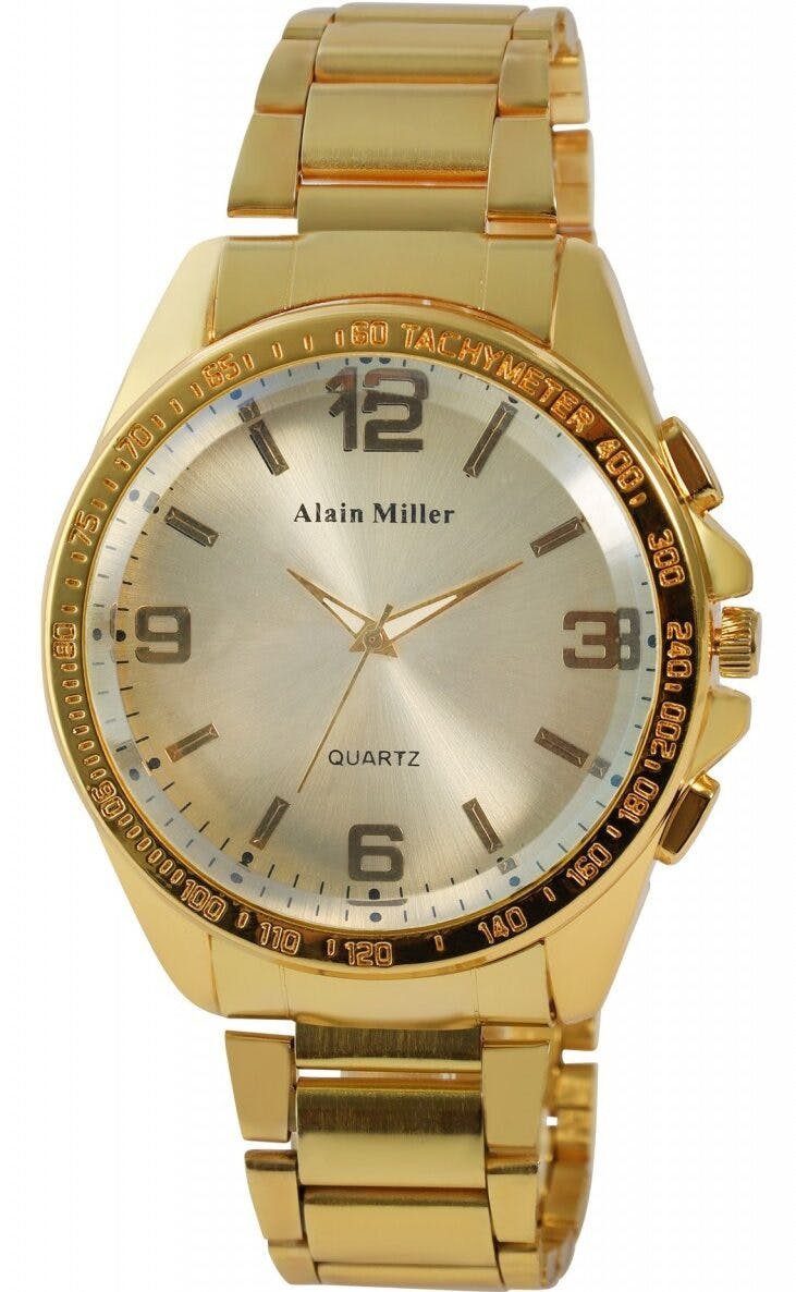 Reloj de hombre en acero inoxidable dorado con esfera beige y cierre desplegable
