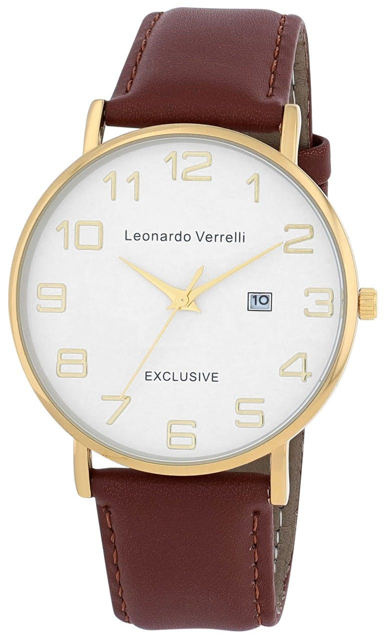 Men's watch with synthetic leather strap brown