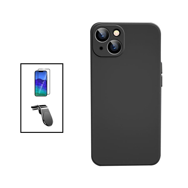 Funda de silicona líquida y protector de vidrio full cover para iPhone 14 - Negro